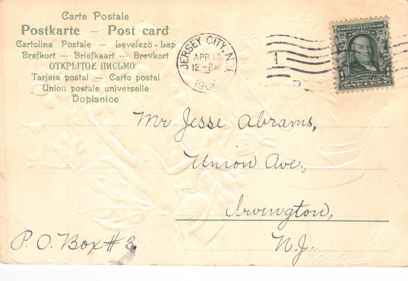 Easter Greetings Humanized Rabbits Eggs Violets 1906 embossed postcard B904