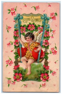 c1910s Valentine Loving Wishes Angel Cherub Swing Flowers Gel Gold Gilt Postcard