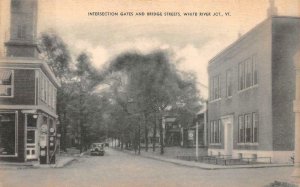 INTERSECTION GATES & BRIDGE STREETS WHITE RIVER JCT VERMONT GAS PUMPS POSTCARD