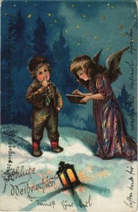 CPA AK Angel in the Dark Forest with a Boy - Christmas ANGELS (777453)