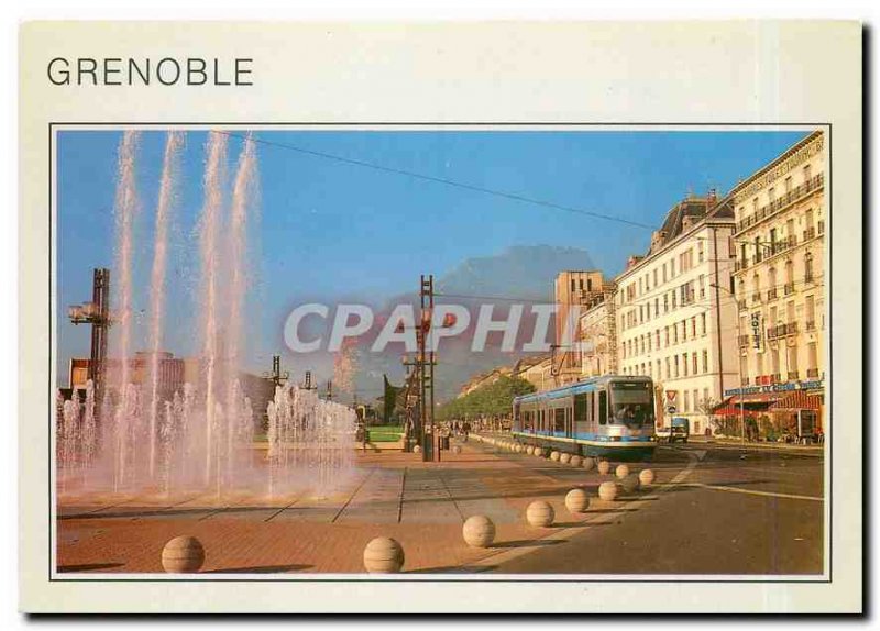 Modern Postcard Grenoble Train Station Square with fountain and tram