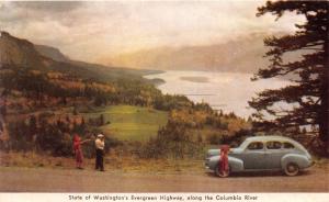 EVERGREEN HIGHWAY WA~ALONG COLUMBIA RIVER~1940's SUICIDE DOOR CAR FORD? POSTCARD