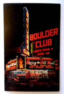 Boulder Club Casino Hotel Postcard Las Vegas Nevada Old Cars Neon Signs Slots