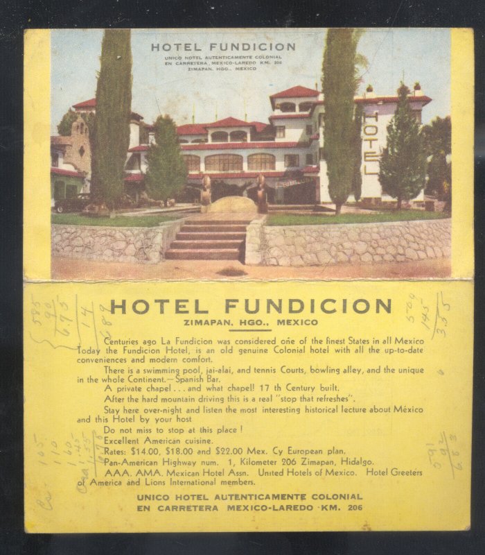 ZIMAPAN HGO. MEXICO HOTEL FUNDICION VINTAGE ADVERTISING EPHEMERA