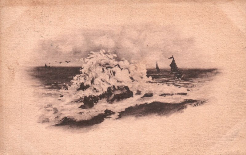 Vintage Postcard 1909 Beautiful Painting Of Woman's Face Floating On The Ocean