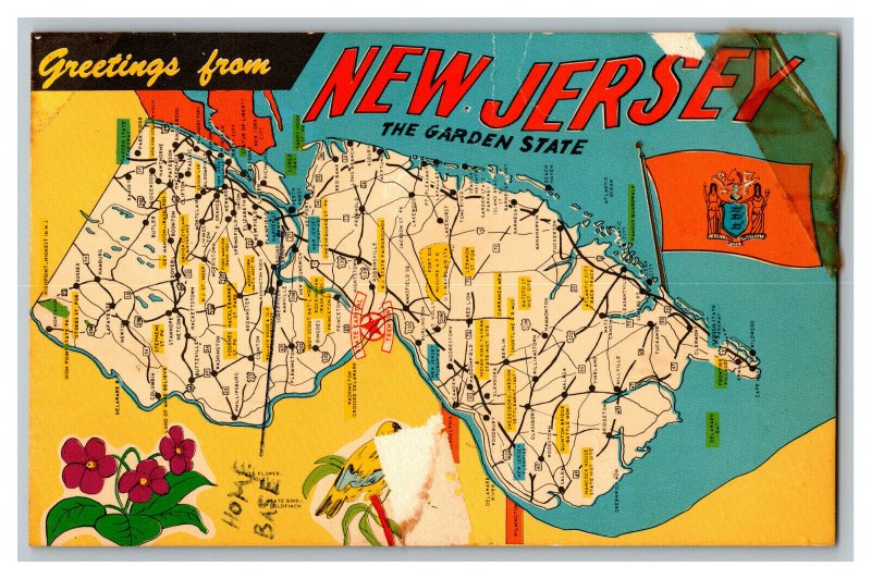 Postcard NJ Greetings From New Jersey Map Vintage Standard View Card 