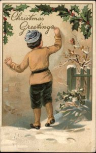 Young Woman Writing Christmas Message Graffiti on Wall c1910 Vintage Postcard