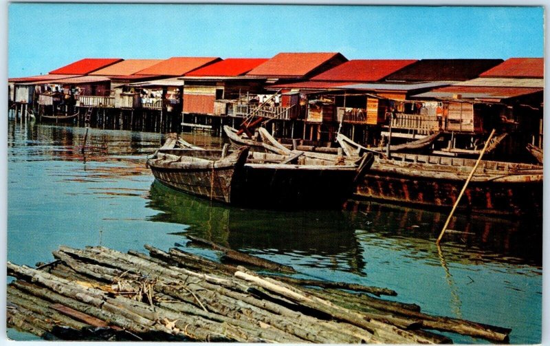 c1960s Penang, Malaysia Riverine Kampong Chrome Photo Postcard Boat Malay A66