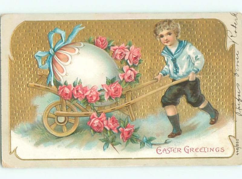 Pre-Linen Easter BOY TRANSPORTS GIANT EGG ON WHEELBARROW AB4229