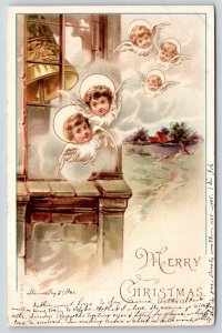 Christmas~Flying Winged Angel Faces Outside Church~Ringing Bell~A&MB no 150~1906