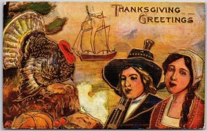 1908 Thanksgiving Greetings Turkey Women Sailboats In Background Posted Postcard