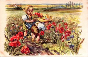 Children Playing Outside Picking Flowers Vintage Postcard C187