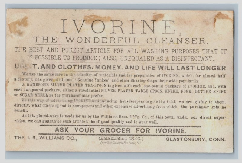 1880s Ivorine Cleanser J. B. Williams Co. Glastonbury CT Giant Elephant F12