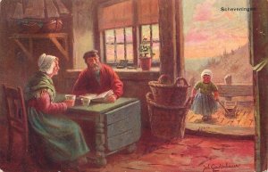 Ethnography topical vintage fine art postcard painting rural scene Scheveningen