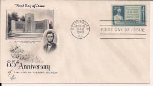 Abraham Lincoln, FDC Gettysburg Address 85th Anniversary Cancel 1948 Stamp FDI