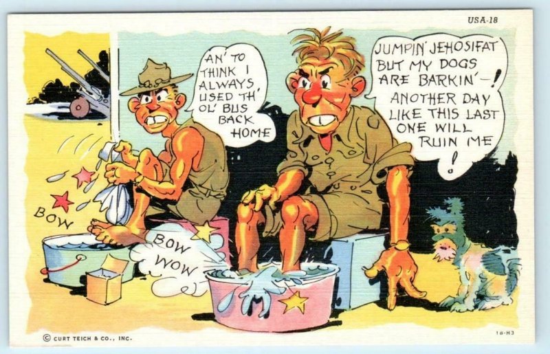 Army Comic RAY WALTERS Jumpin' Jehosifat - My Dogs are Barkin' 1940s Postcard