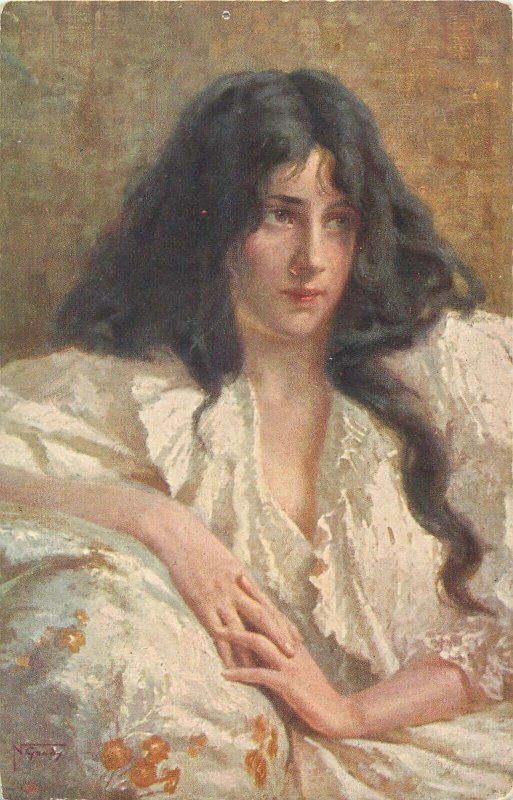 Italian artist Napoleone Gradi - Souvenirs - beauty young lady portrait postcard