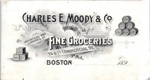 1890s Charles E. Moody & Co. Importers Fine Groceries Boston MA Business Card Ad