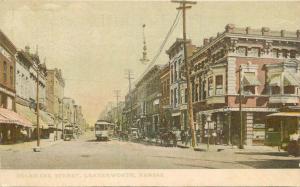 C-1905 Delaware Street Leavenworth Kansas Trolley Postcard undivided 12069