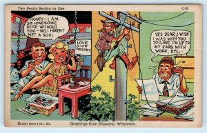 RAY WALTERS Line Comics ~ TELEPHONE COUPLE Greetings from Shawano WI Postcard