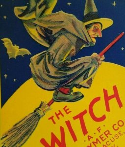 Halloween Vintage Flying Witch Broom Label Original 1920s Moon Stars Vampire Bat 