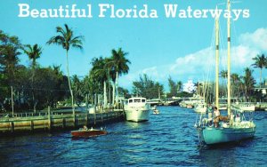 Vintage Postcard Beautiful Winding Florida Waterways Boats Palm Trees Attraction