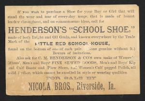 VICTORIAN TRADE CARD Red School House Shoes Fancy Dressed Kids Front of School