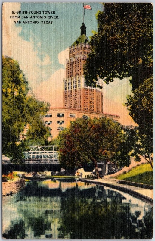 1930's Smith-Young Tower from San Antonio River Texas TX Posted Postcard