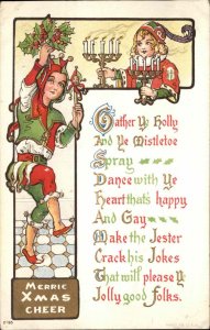 Christmas Elizabethan Jester With Jester Doll c1910 Vintage Postcard