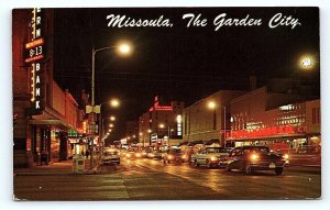 MISSOULA, MT Montana ~ HIGGINS AVENUE Street Scene at Night 1973   Postcard