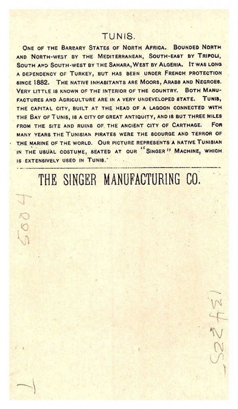 1892 Singer Manufacturing Trade Card - Tunis