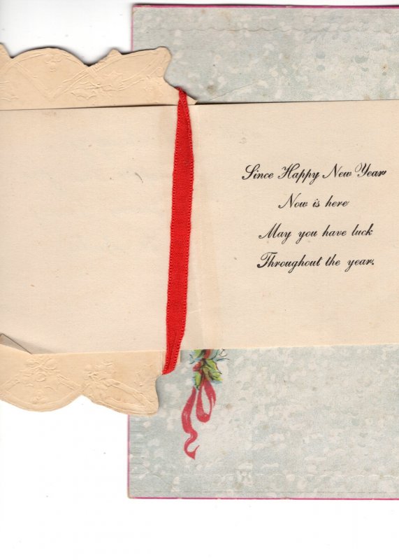 New Years Postcard with Ribbon, Unusual Fold Out