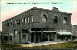 Vtg Postcard Aldwell Stone Blcok - First and Lauerl Streets - Port Angeles WA