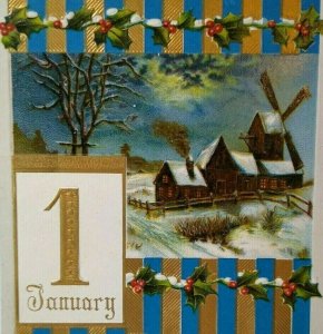 New Year Postcard Country Scene View Windmill Stripes Vintage United Art Germany 