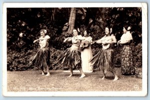 Honolulu Hawaii HI Postcard RPPC Photo Hula Dancers Girls With Guitar 1938