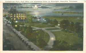 Memphis TN Confederate Park, PO & Miss.  River in Moonlight WB Postcard Unused