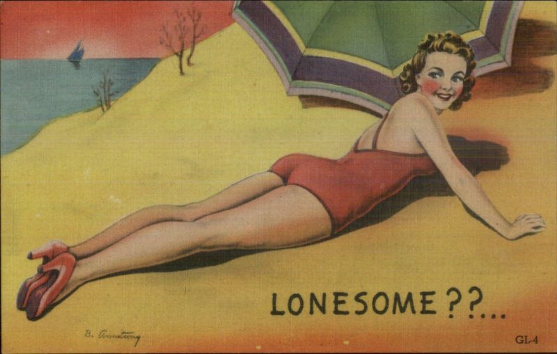 Sexy Woman Bathing Beauty LONESOME GL-4 Armstrong Linen Pinup Postcard