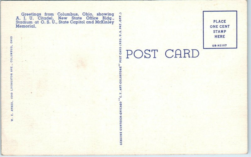 1940s Greetings from Columbus Ohio Linen Postcard