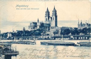 Navigation & sailing related postcard Magdeburg cathedral coal barges dock