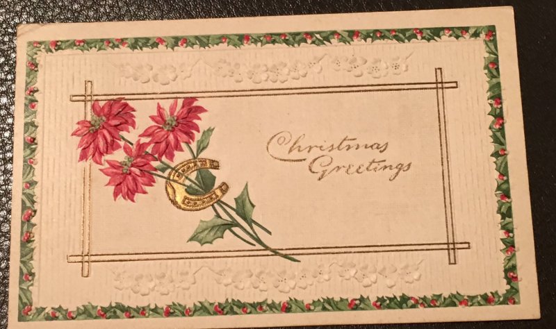 Vintage 1913 embossed Christmas greeting card with cancelled stamp