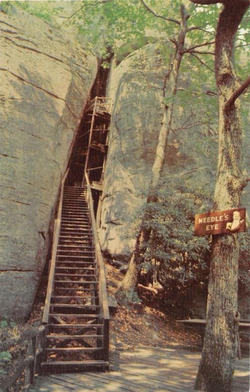 CHIMNEY ROCK PARK NORTH CAROLINA STEPS THROUGH NEEDLE'S EYE POSTCARD c1960s