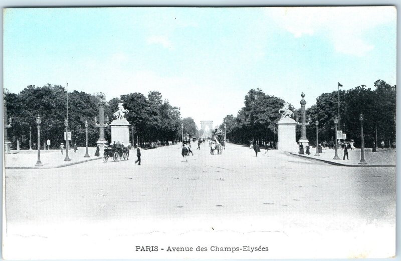 c1900s Paris, France Champs-Elysees Avenue Arc de Triomphe Statues Carriage A359