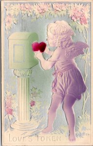 Postcard Love's Token - cherub mailing valentine embossed airbrush