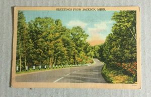 VINTAGE UNUSED LINEN POSTCARD GREETINGS FROM JACKSON   MINN SCRIBBLE ON BACK