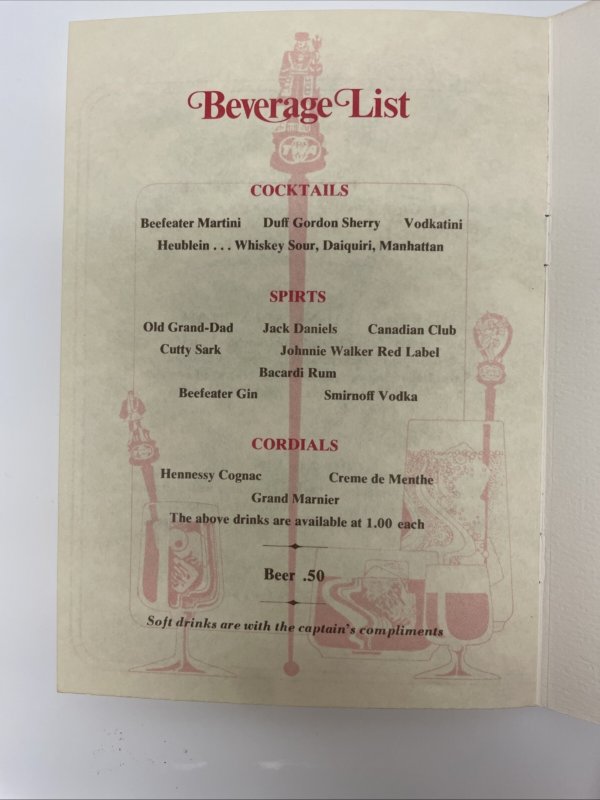 TWA Airlines Paris Flight Ambassador Service Lunch Menu