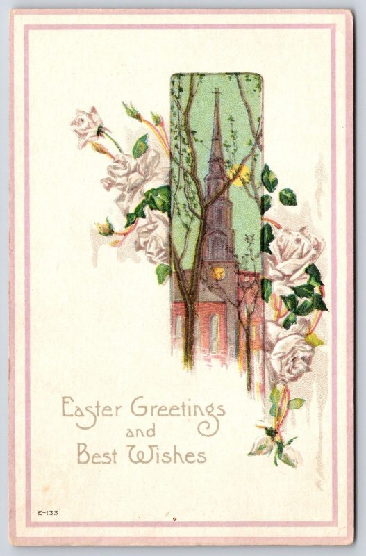 1911 Easter Greetings And Best Wishes White Roses Church Posted Postcard