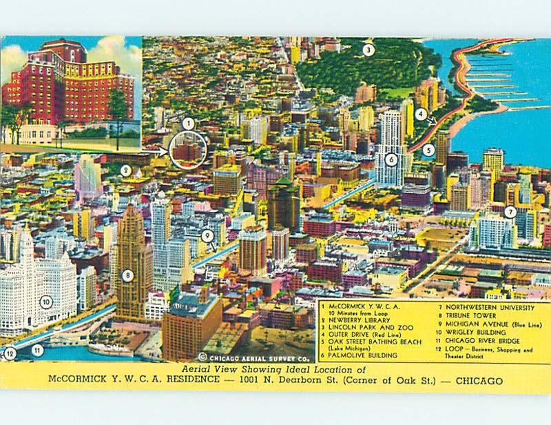 Unused Pre-1980 LABELED SITES ON POSTCARD MAP Chicago Illinois IL H4832-22