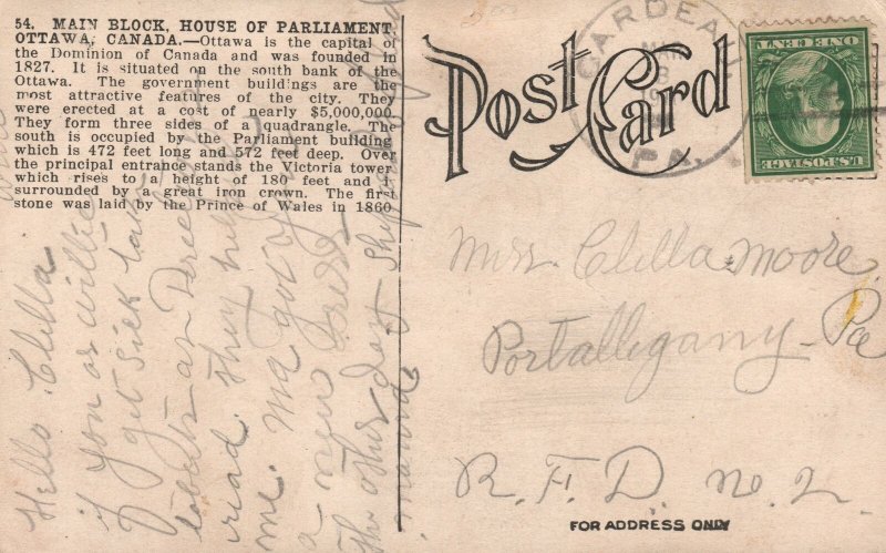 Vintage Postcard 1911 Main Block Parliaments Building Ottawa Ontario Canada CAN