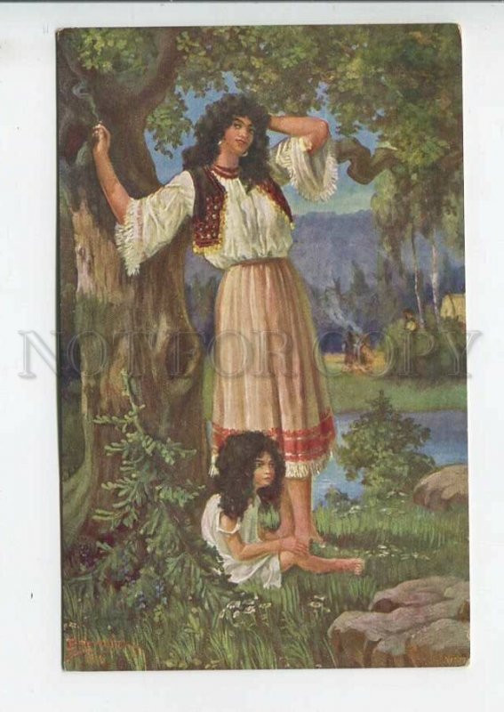 443972 DOBROVICKY Gypsy in Forest Vintage postcard
