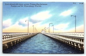 1950s TAMPA FL TWIN GANDY BRIDGES TAMPA BAY ST PETERSBURG LINEN POSTCARD P2716